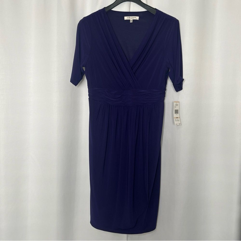 NWT Evan-Picone Grape Mist Dress Women’s 14 Short Sleeve Ruched Waist V Neck Zip